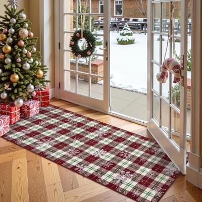 Garvee Christmas Plaid Snowflake Washable Low Pile Area Rug