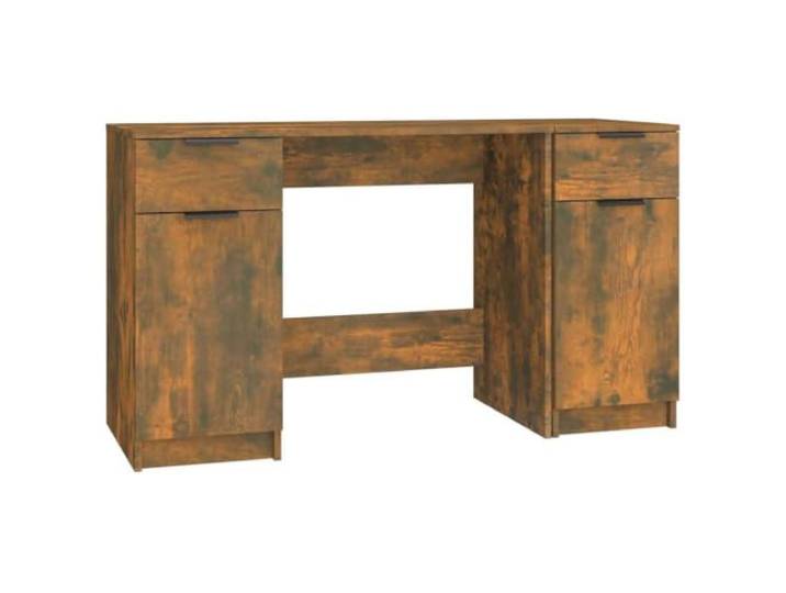 GKHPYURE Schreibtisch mit seitlichem Schrank Eiche Smoke aus Mehrschichtiges Holz, Rauch-Eiche, Schubladen und Fächer, minimalistisches Design, inklusive Wandbefestigung