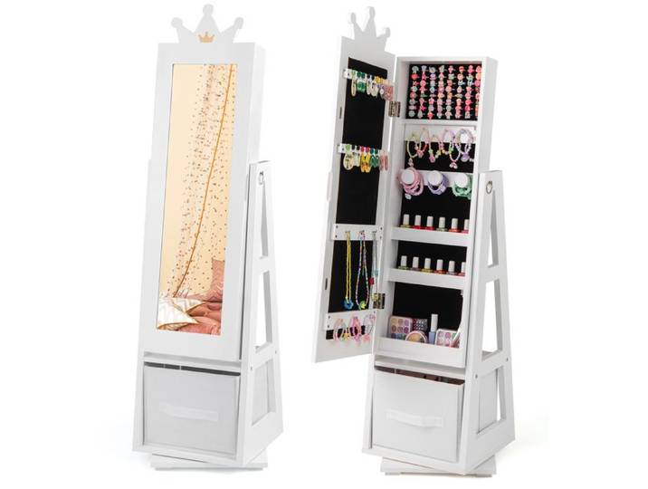 DREAMADE Armoire à Bijoux pour Enfants Miroir de Courtoisie Pleine Longueur Pivotant à 360° Tiroir Pliable Crochets Blanc