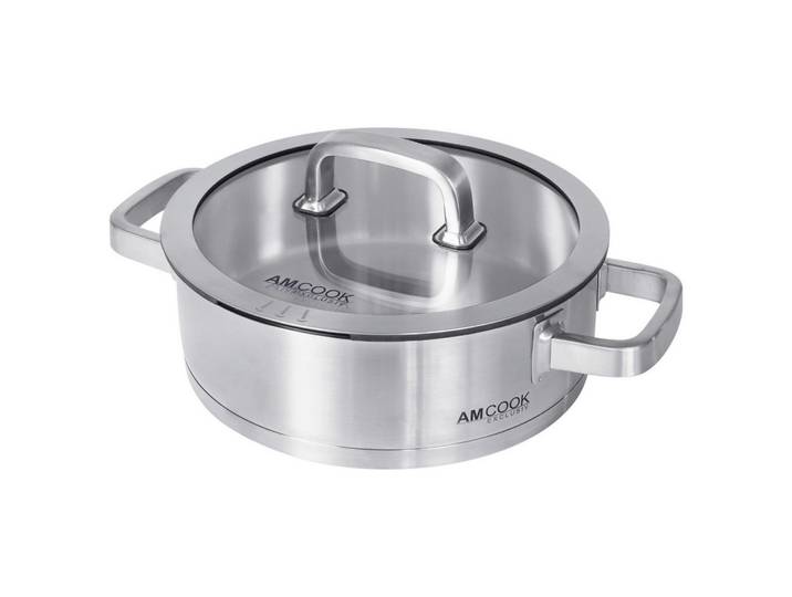 Am Cook Servierpfanne, Edelstahl, Metall, 4,5 L, 8 cm, mit Dampfablass,hitzebeständige Griffe, Kochen, Pfannen, Servierpfannen