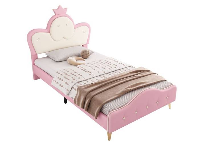 Lit capitonné enfant - Lit Enfant Capitonné Rose et Blanc - 90x200 cm - Tête de lit couronne LED - Sommier à lattes