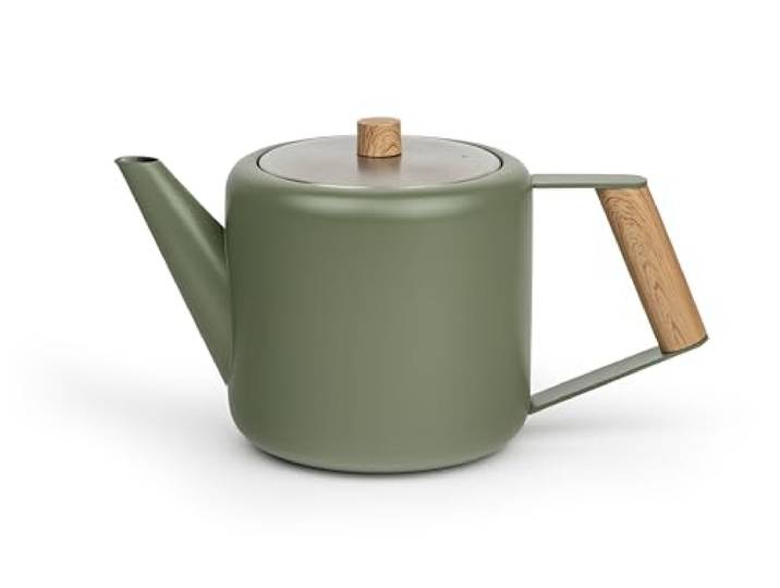 Bredemeijer grüne Edelstahl Teekanne 1.1 Liter - Griff in Holzoptik - doppelwandige Retro Kanne - für längeren, warmen Teegenuss