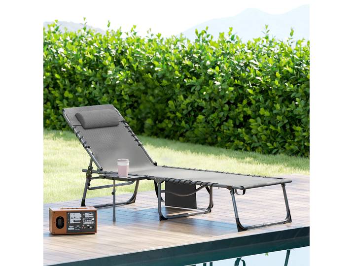 Outsunny Transat Pliable 5 Niveaux avec Tablette Gris Noir