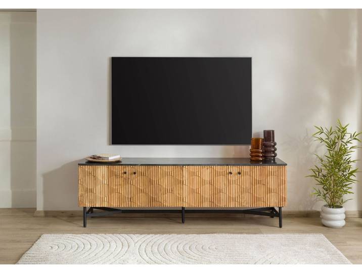 TV-Board Akazie 180x40x55 natur lackiert / Marmor schwarz LONDON #105