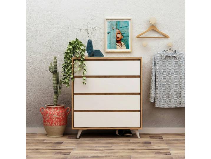 Commode moderne effet chêne 4 tiroirs blancs BYRON