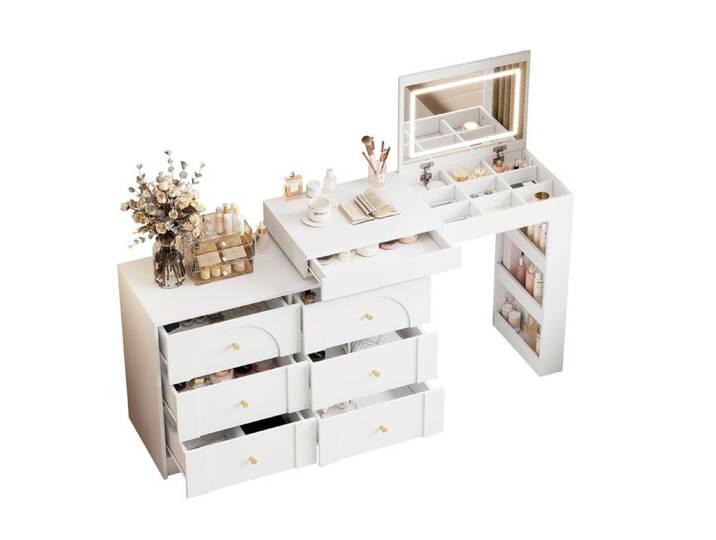 Coiffeuse pivotante 105x40x80 cm avec miroir LED 7 tiroirs bureau 2-en-1 panneau de particules blanc
