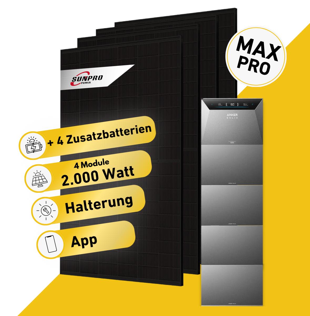 Balkonstrom Balkonkraftwerk 2000W mit Speicher | 4xZusatzspeicher | Fassadenhalterung 90 Grad | 4xSolarmodul Bifazial | Anker Solix 4 Pro |Kabel 15m