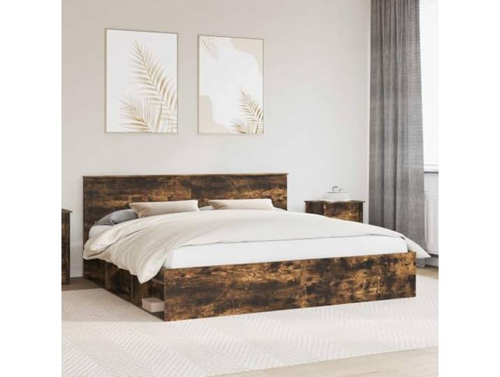 Massives Kiefernholz Stabil Schlafzimmer Modern 200 x 200 cm Braun Bettrahmen Geräucherte Eiche 200x200 cm Massives Kiefernholz Bettgestell mit Kopfteil Lattenrost Stabil