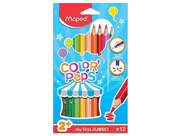 Maped - Maxi Crayons de Couleur Color'Peps - Premiers Crayons de Coloriage pour Bébé +2 ans - Boîte de 12 Crayons de Couleurs Jumbo en Bois Certifié FSC