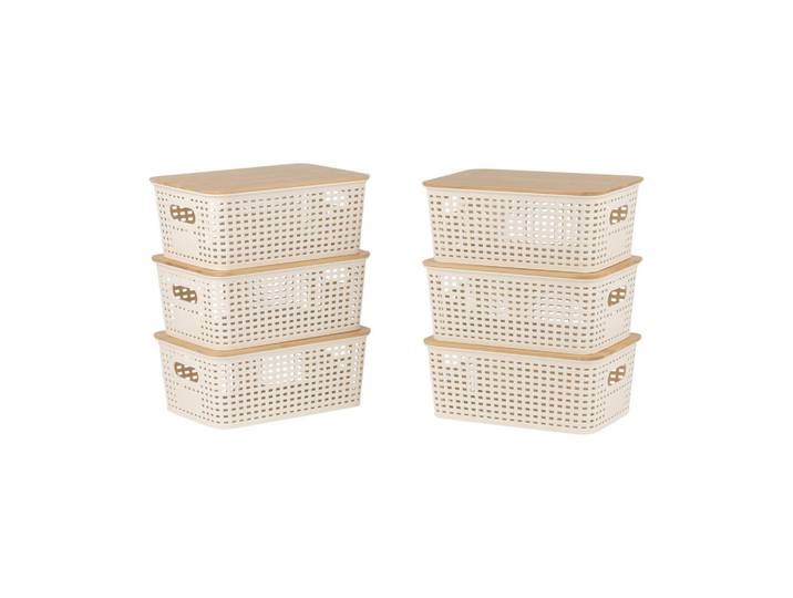 Relaxdays Aufbewahrungsbox Weiß 6er-Set Kunststoff Bambusdeckel, Kunststoff, Holz, 25.5x10.5x18 cm, Ordnen & Aufbewahren, Deko- & Aufbewahrungsboxen