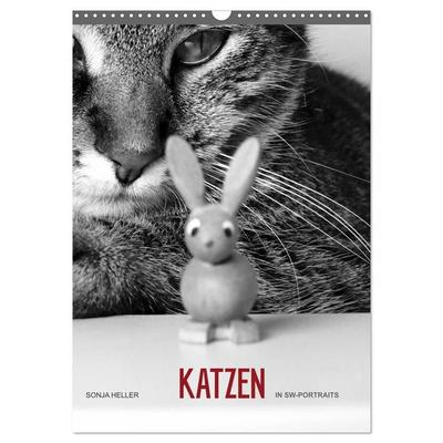 Sonja Heller Katzen in SW-Portraits (Wandkalender 2026 DIN A3 hoch), CALVENDO Monatskalender