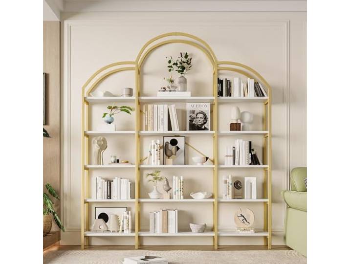 Mielvu 170 x 26 x 190 cm Regal im schlichten Stil, Stahlrohr-MDF-Material, fünf Schichten Stauraum, einzigartige Wolkenform, einfach zu montieren und zu reinigen, Gold + Weiß