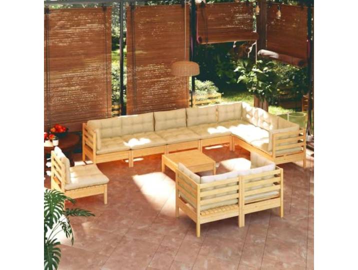 Bois de pin massif modulable avec coussins crème 11 pieces 115.39 cm Salon de jardin 11 pieces en bois de pin massif avec coussins creme, canape modulaire exterieur impermeable avec repose-pieds