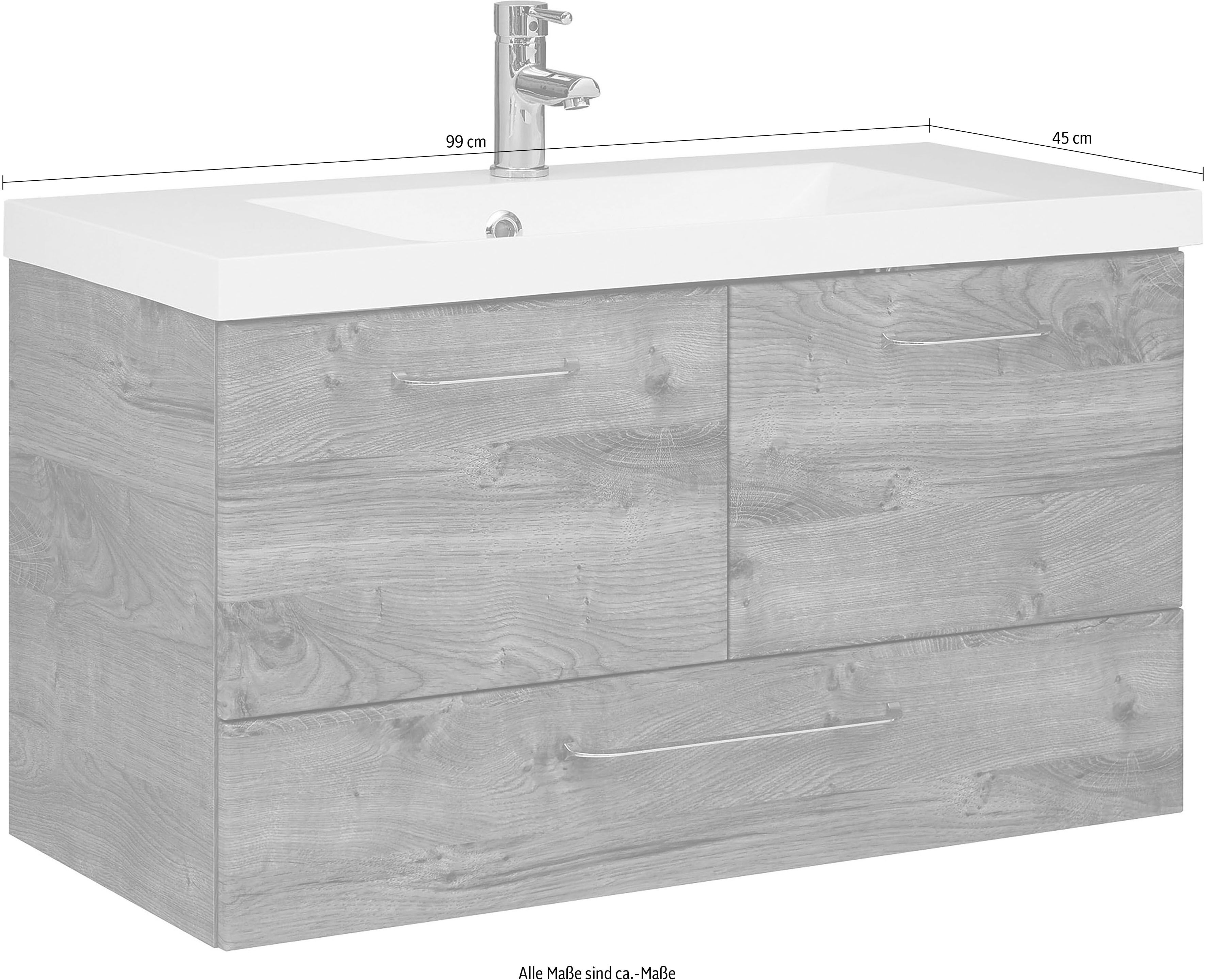 Waschtisch SAPHIR "Quickset Mineralmarmor-Waschtisch mit Unterschrank, 99 cm breit", braun (eiche ribbeck, eiche ribbeck, eiche ribbeck), B:99cm T:45cm, Holzwerkstoff, Mineralguss, Waschtische, Waschtisch, Wachplatz, Griffe Chrom Glanz, inkl. Türdämpfer, 