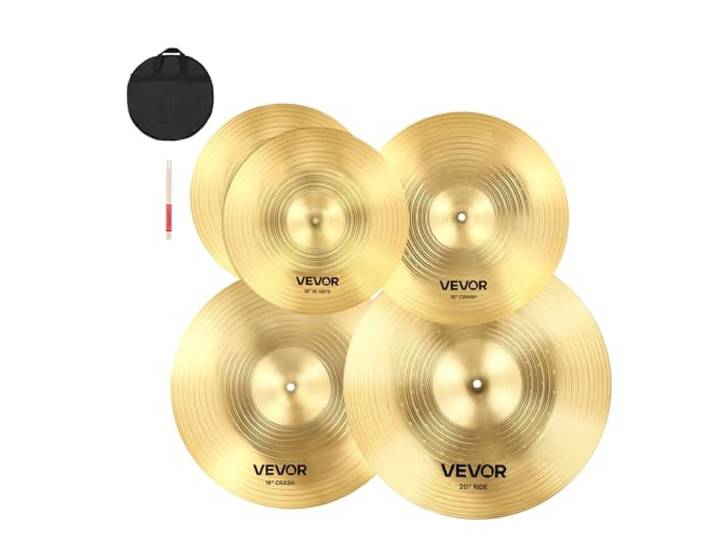 VEVOR Ensemble de Cymbales Batterie\, Cymbale Charleston 355 mm\, Crash 400 mm et 455 mm\, Ride 505 mm\, avec Baguettes\, Sac de Rangement\, Lot de 4 Cymbales Alliage pour Batteur\, Couleur Cuivre Brillant