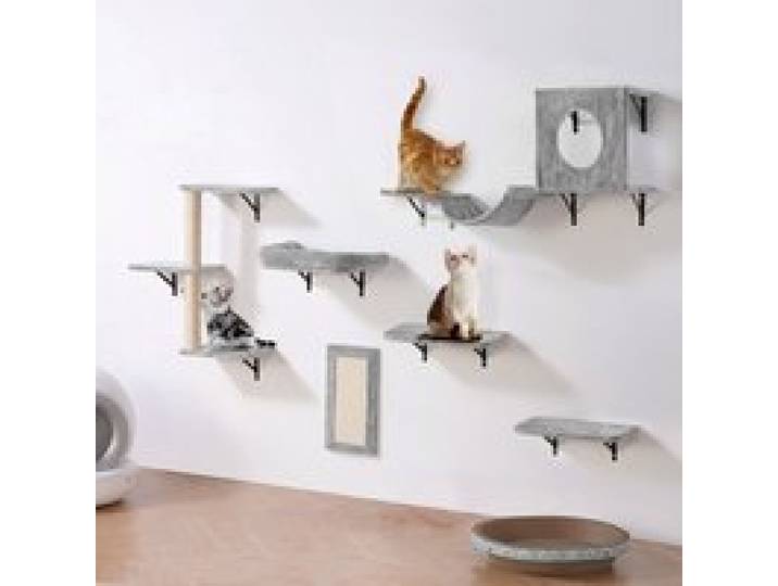 VEVOR Wandgemonteerde Kattenplanken, Kattenwandplanken en Zitstokken met Springplanken, Hangmat, Bank, Krabpaal & Kattengreep, Kattenmeubels en Planken tot 18 kg voor Slapen, Spelen, Klimmen, Set van 6
