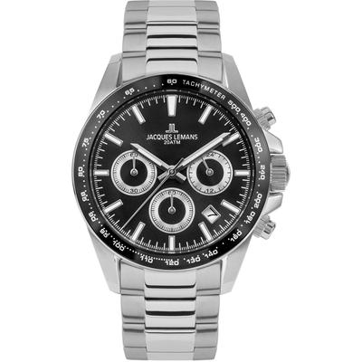 Chronograph JACQUES LEMANS "Liverpool", silber (silberfarben, schwarz, schwarz), Armbanduhren, Herren, silberfarben, Chronograph, Quarzuhr, Armbanduhr, Herrenuhr, Edelstahlarmband,bis 20 bar wasserd.