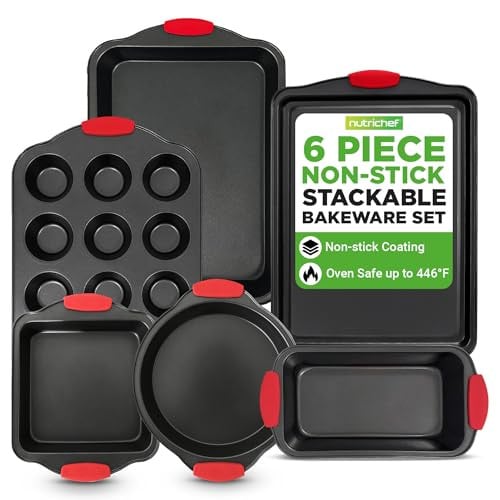 NutriChef 6-delige Anti-aanbak Bakvormen Set van Koolstofstaal met Siliconen Handgrepen - Zwart