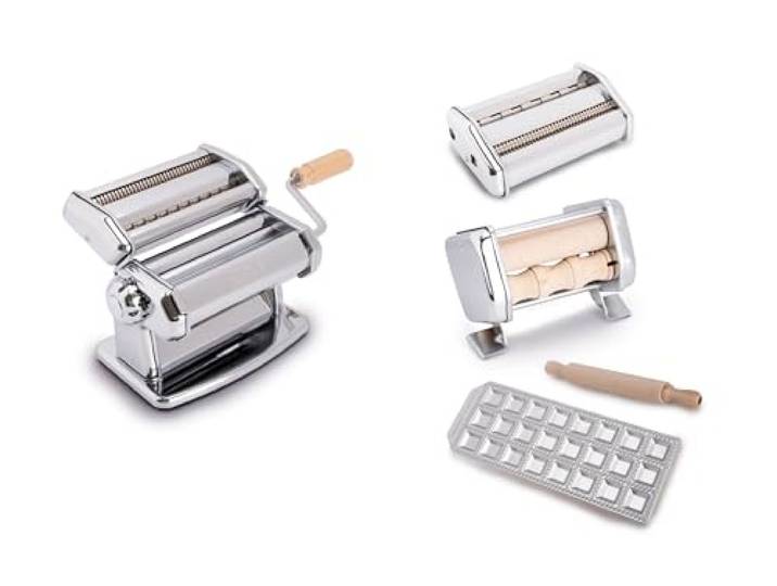 Imperia Fabbrica della Pasta Classica Linie. Geschenkset Nudelmaschine mit Zubehör. Made in Italy. Set bestehend aus Frischpastamaschine, Ravioliform, verstellbarem Nudelschneider und Millegnocchi.