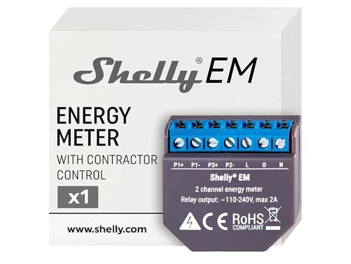 Shelly EM - Module Compteur d'énergie intelligent Wi-Fi\, 2 canaux (120A)\, Domotique\, Haute précision\, Mesure production photovoltaïque\, Compatible avec Alexa et Google Home\, App iOS Android