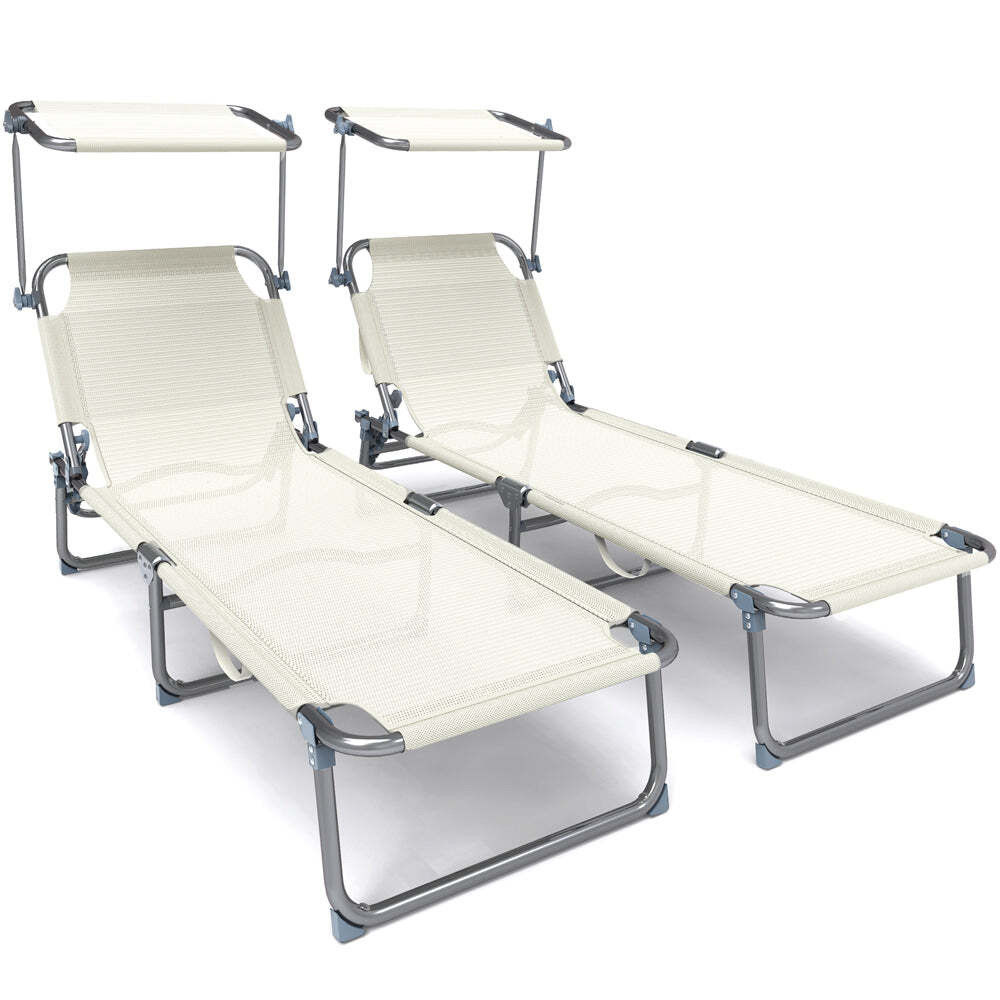 VOUNOT 2-delige set inklapbare ligbedden met zonbescherming en verstelbare rugleuning, beige