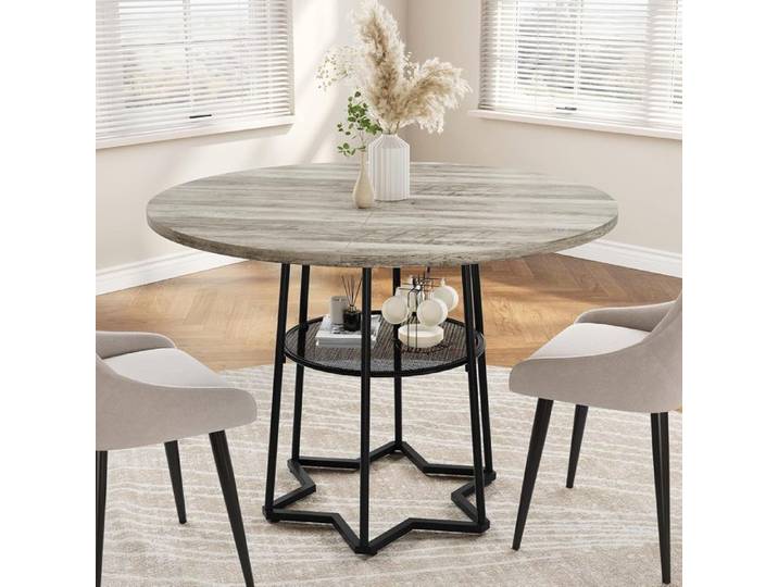 TABLE A MANGER SEULE-Table à Manger Ronde de 98cm –table ronde- Plateau Bois Robuste- Base hexagonale métal- Style Moderne gris