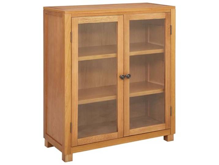 Makastle Schrank mit Glastüren für Wohnzimmer, 80 x 35 x 95 cm, Braun, Massives Eichenholz, Aufbewahrungsschrank mit 2 Regalböden und magnetischen Glastüren