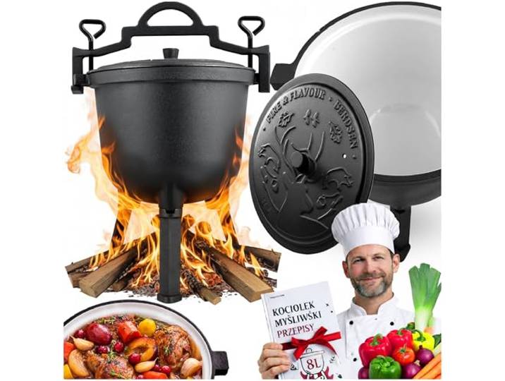Berdsen Gusseisen Topf 11 L Dutch Oven - Emailierter Feuertopf für Lagerfeuer und Grill - gleichmäßiges Garen ohne Anhaften - mit 3 Beinen und Aufhängebügel - inkl. Rezeptbuch - Schwarz