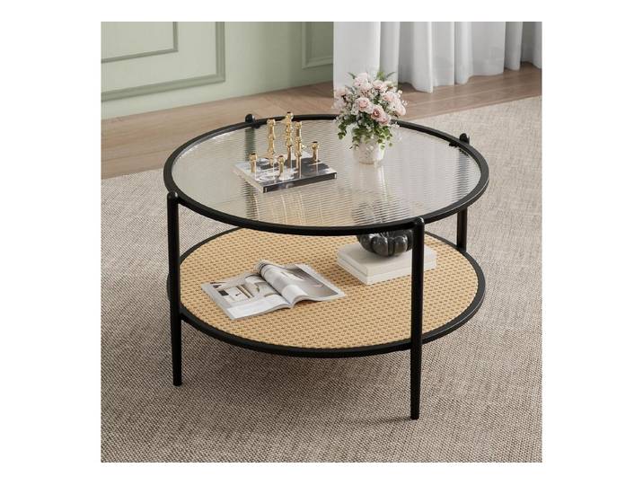 LuxusKollektion Couchtisch Runder Couchtisch Rattan Glas 2 Ebenen (1-St)