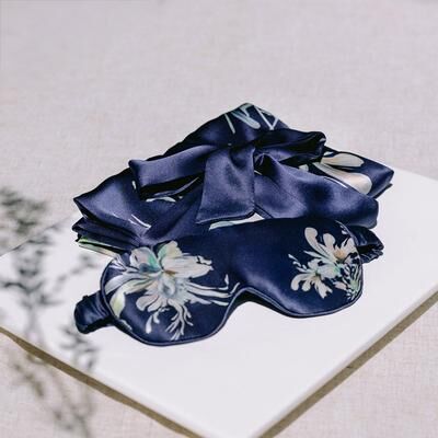 kimandono.com Yuri Washable Silk Self Care Set: Floral Kimono & Eye Mask - midnight