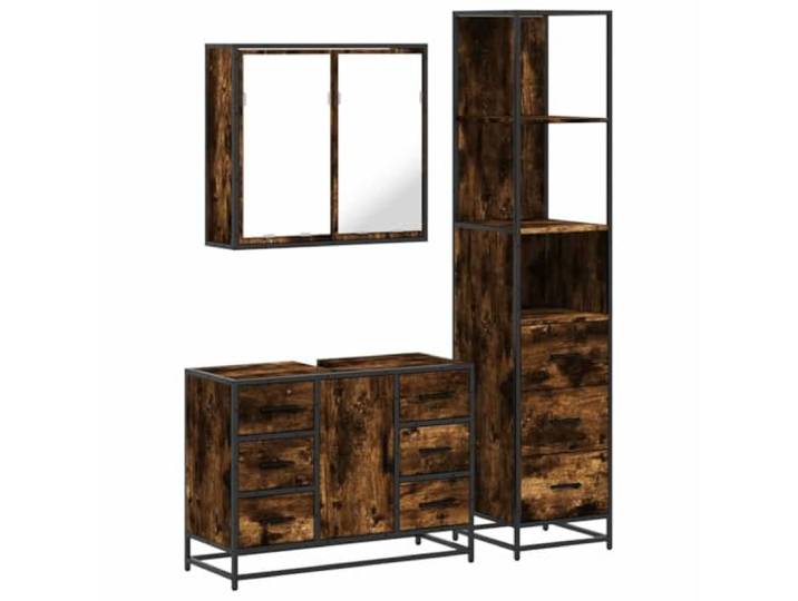 3-tlg. Badmöbel-Set Räuchereiche Holzwerkstoff Metallgestell, Lowboard, Waschbeckenunterschrank, Spiegelschrank, Wandmontage, Stauraum, Öffnung für Waschbecken
