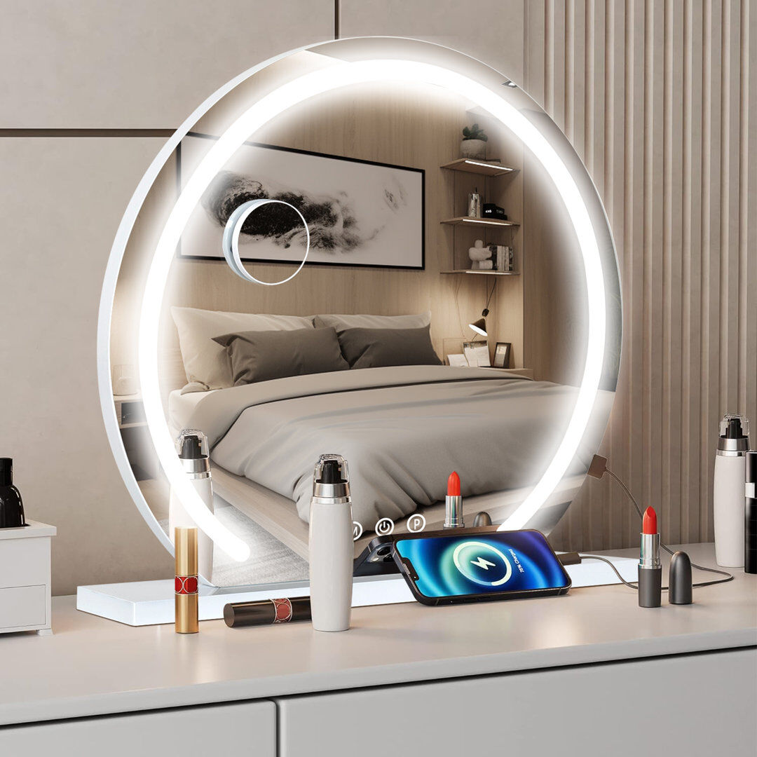 Metro Makeup Mirror with 3 Color Lights, Makeup mirror with Dimmable LED Light Strip, Large Round Mirror White 60 cm H x 60 cm W