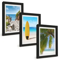 BILDER SET 3er Set - 20x30 cm Schwarzer Rahmen - Urlaubsstrände, Wellen, Palmen