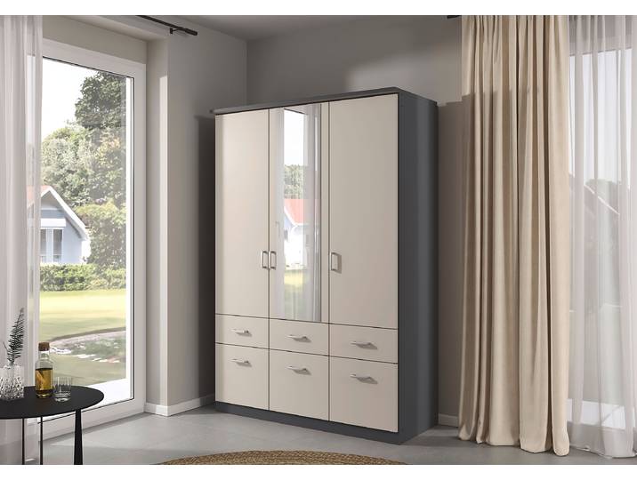 Drehtüren-/Kombischrank Bremen 136cm Grau/Beige/Kaschmir/Graumetallic mit Spiegeltür/-en