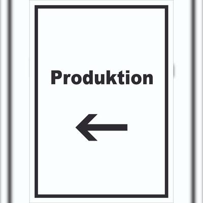 HB-Druck Produktion Schild mit Text und Richtungspfeil links Herstellung hochkant A5 (148x210mm)