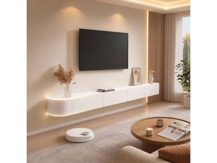 Btsunotr Schwebender TV-Ständer schwebender TV-Schrank Holz-Aufbewahrungsschrank unter dem TV modernes Entertainment-Unit mit 3/4 Stauraum Konsolen-Entertainment-Regal (Weiß, 160cm)