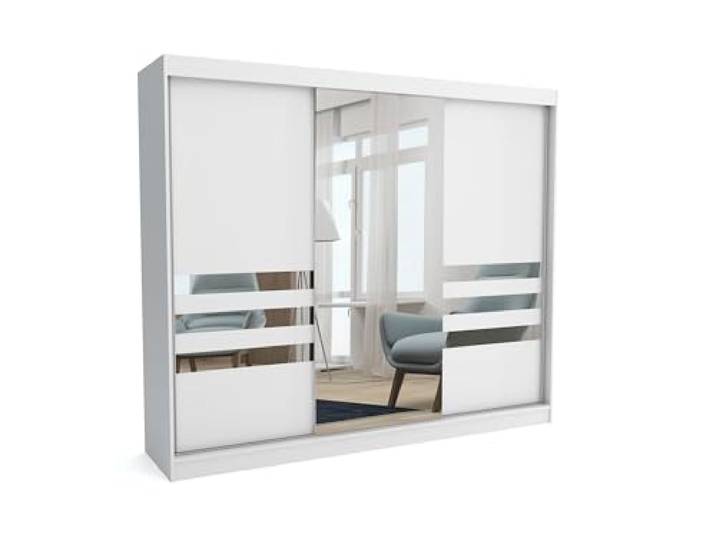 Brent - Kleiderschrank mit Spiegel Henry, 250cm Breit, Schlafzimmerschrank mit 1 Kleiderstange und Einlegeböden für Kleidung, Kleiderschrank Weiß