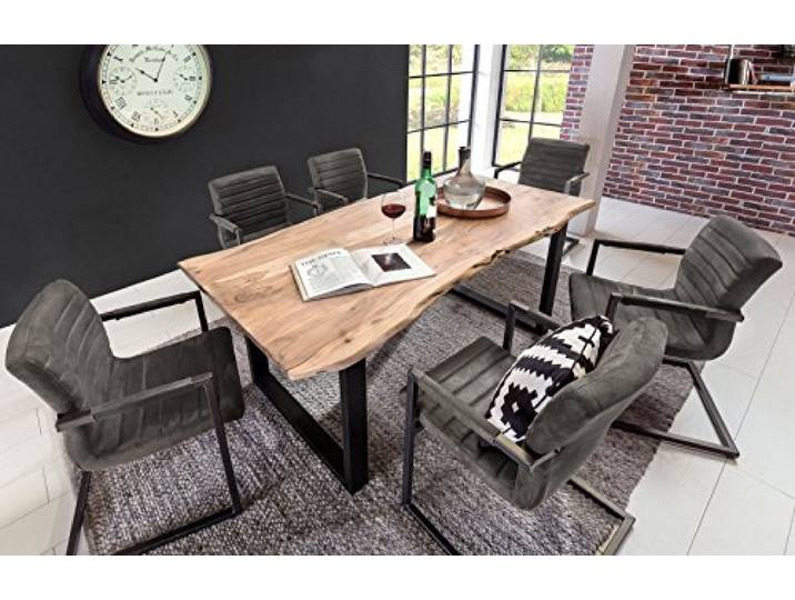 SAM® 7 TLG. Essgruppe Quentin, je 1x Baumkantentisch 200x100cm Akazie-Holz & 6X Schwingstuhl Parzivo in anthrazit