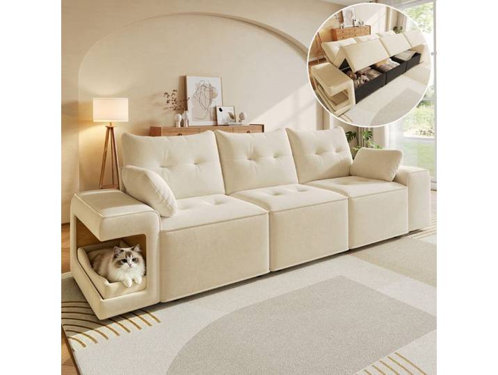 Canapé modulable 3 places - FUNMOON - Funmoon - Velours beige - Accoudoirs larges - Rangement intégré