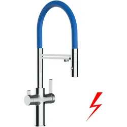 NIEDERDRUCK 3 Wege Wasserhahn Küchenarmatur, FC, mit 360° schwenkbarem Auslauf, abnehmbare 2 strahl Handbrause, Verchromt / Blau