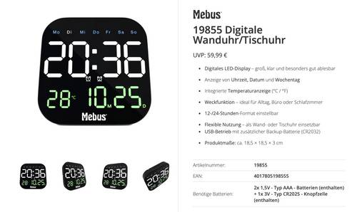 Mebus 19855 Tischuhr 18.5cm x 18.5cm x 3cm Schwarz