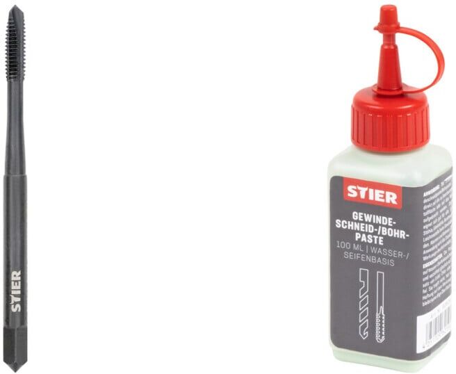 Set Stier STIER Maschinengewindebohrer M4 Vaporisiert DIN 371 Form B HSSE + STIER Gewindeschneidpaste Bohrpaste 100 ml Wasser-/ Seifenbasis