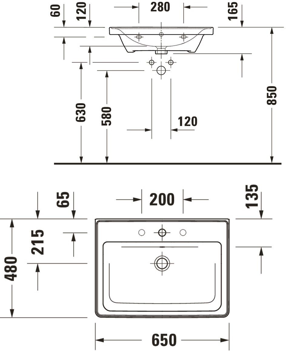 Duravit D-Neo Möbelwaschtisch 65 cm, ohne Hahnloch, mit Überlauf