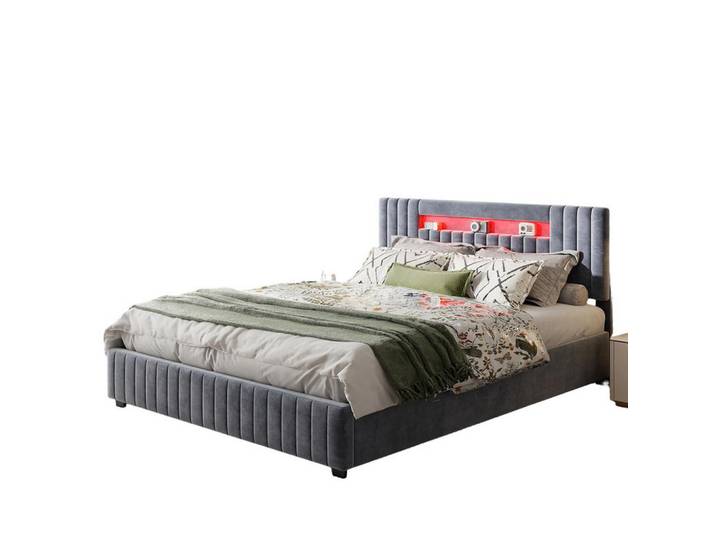 Shopentra Polsterbett 160x200 Grau Samt Led, Metall, 160x200 cm, Schlafzimmer, Betten, Polsterbetten