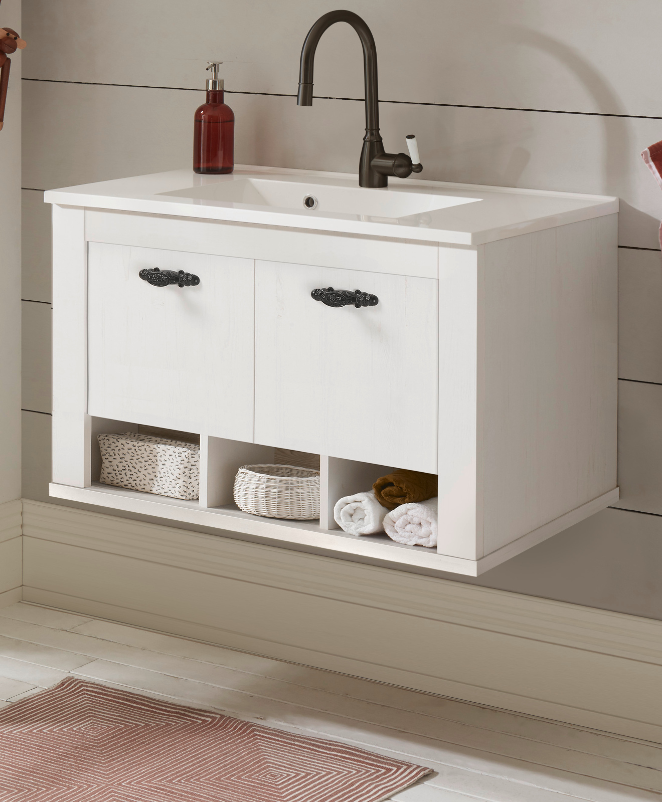 Waschtisch Set mit Waschbecken "Rovola" in Pinie weiß Landhaus hängend 80 cm