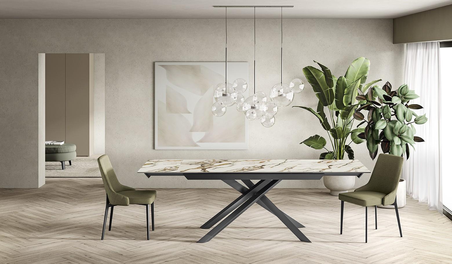 Ausziehbarer Kreuztisch 160-240 x 90 cm, Tischplatte aus mattem Calacatta-Borghini-Marmor, anthrazitfarbenes Metallgestell - modernes Design