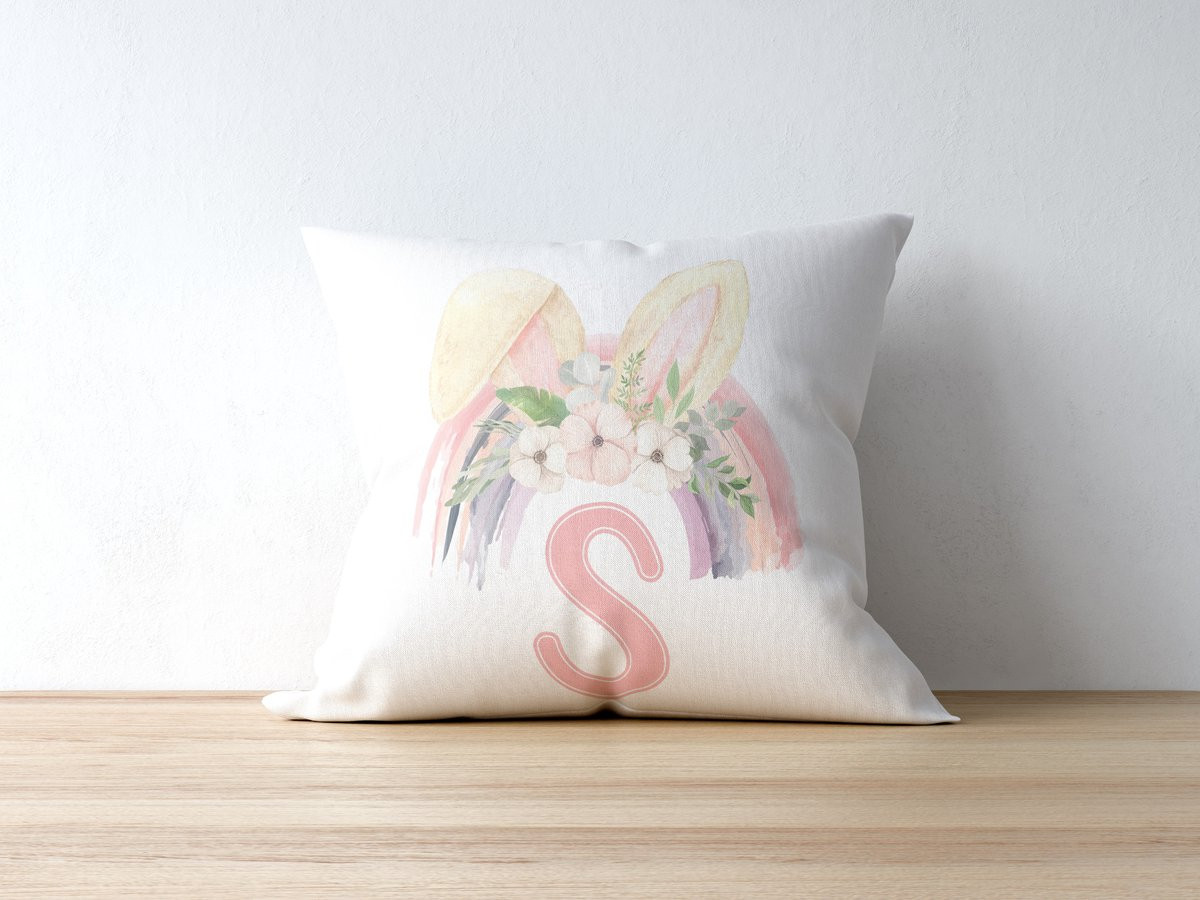 Sierkussen Monogram S Paashaas Regenboog - Boho Kinderkamer Decor - Gepersonaliseerd Kussen Letter S