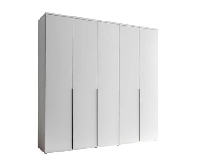 möbelando Drehtürenschrank >Kevo< in Weiß Dekor, 225x225x52 cm, 5 Türen, 3 Kleiderstangen, 3 Einlegeböden, Schwarze Stangengriffe, hochwertiger Holzwerkstoff, zerlegt geliefert.