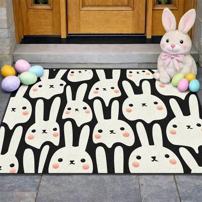 LightInthebox Easter Doormat Playful Black and White Bunny Face with Cute Rosy Cheeks Perfect Festive Easter Welcome Entry Rug
