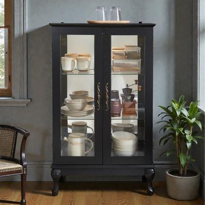 Fundinbaths Lighted Curio Cabinet with Tempered Glass Doors, Vintage Display Cabinet with Mirrored Back and Adjustable Shelves